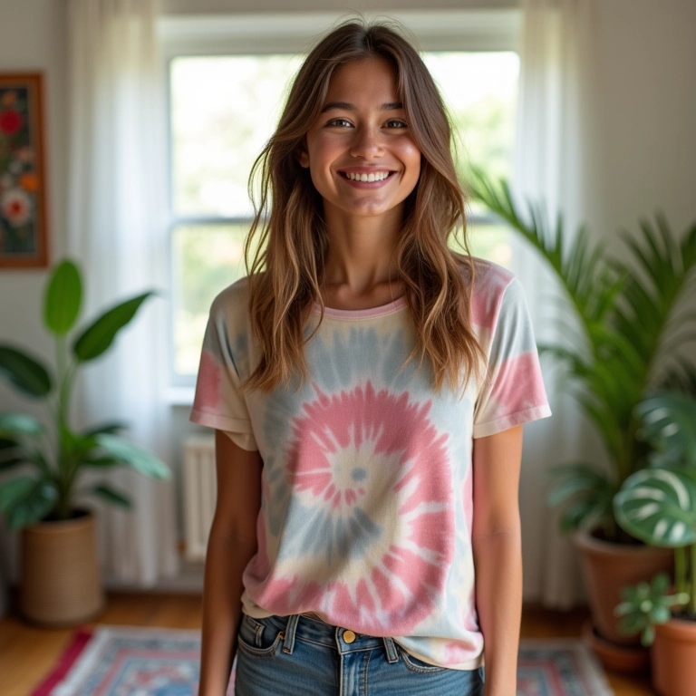 Mulher sorrindo usando camiseta tie-dye em sala de estar boho e iluminada.