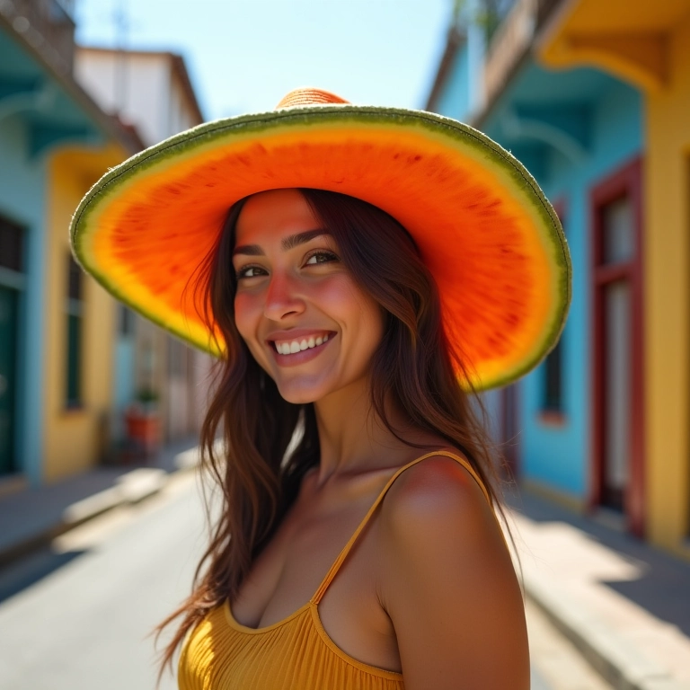 Mulher sorrindo usando chapéu melon estiloso em rua brasileira vibrante.