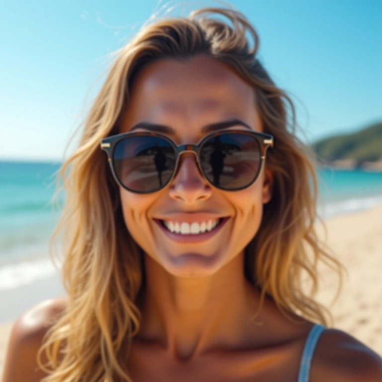 Mulher sorrindo usando óculos de sol na praia.