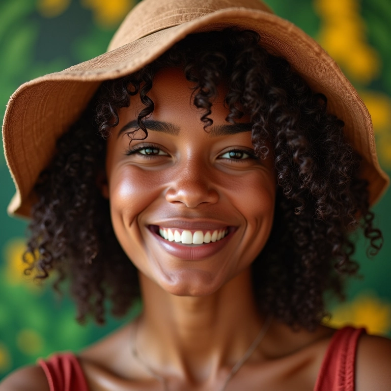 Mulher sorrindo usando touca de cetim, cabelo cacheado com fundo vibrante.