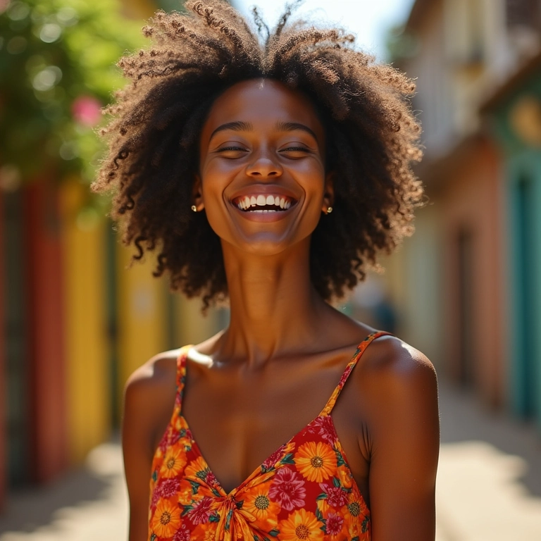 Mulher sorrindo usando vestido vichy em rua ensolarada no Brasil.