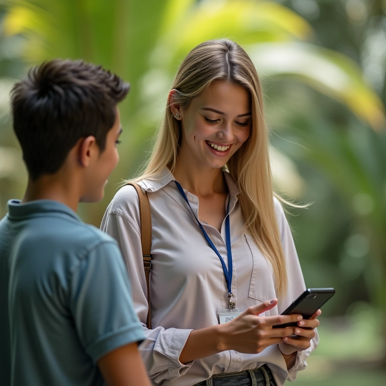 Mulher sorrindo verificando avaliações de app de transporte em local tropical.