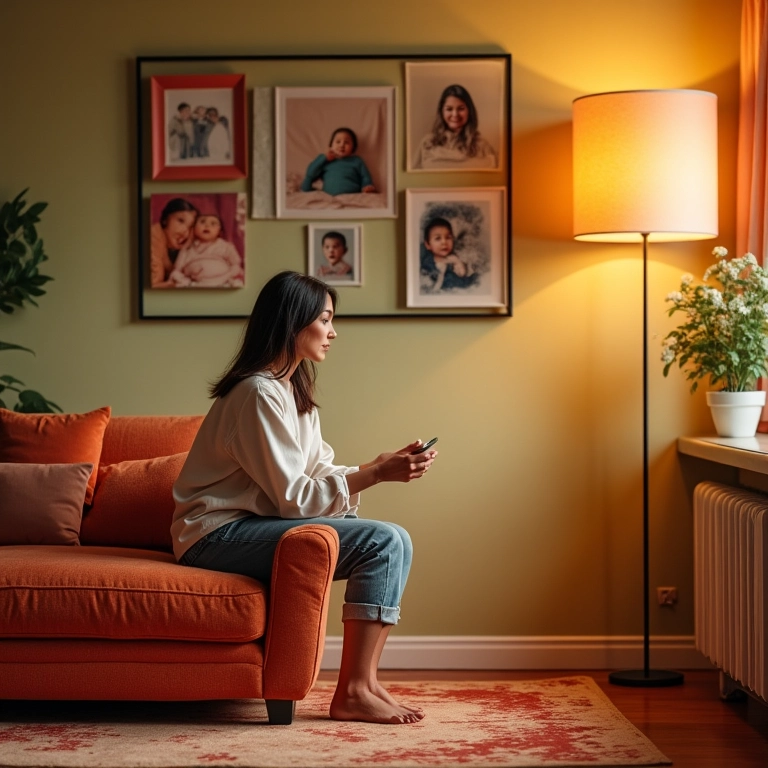 Mulher sozinha olhando fotos antigas, idealização da maternidade.