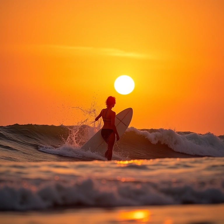 Mulher surfando na Praia do Rosa ao pôr do sol.