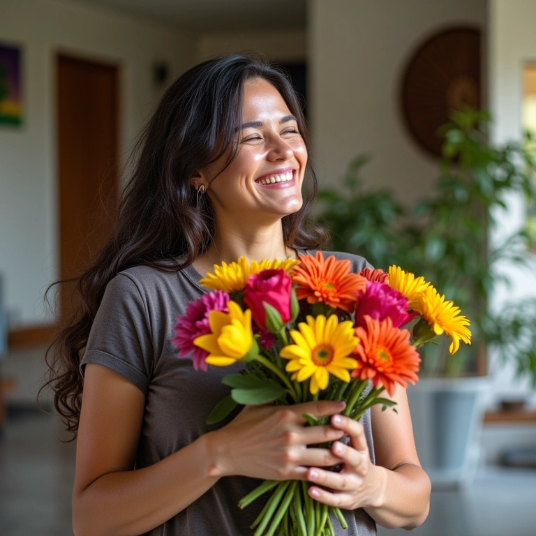Mulher surpreendendo seu parceiro com flores coloridas.