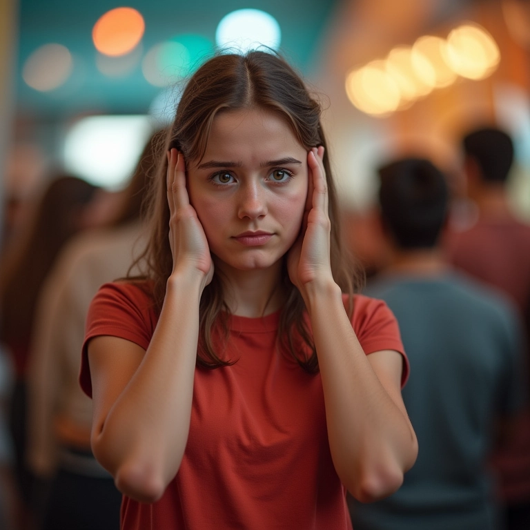 Mulher tapando os ouvidos em ambiente ruidoso, representando a sensibilidade a estímulos sensoriais.