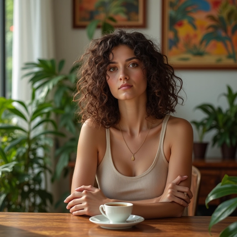 Mulher taurina relaxando em ambiente aconchegante e florido.