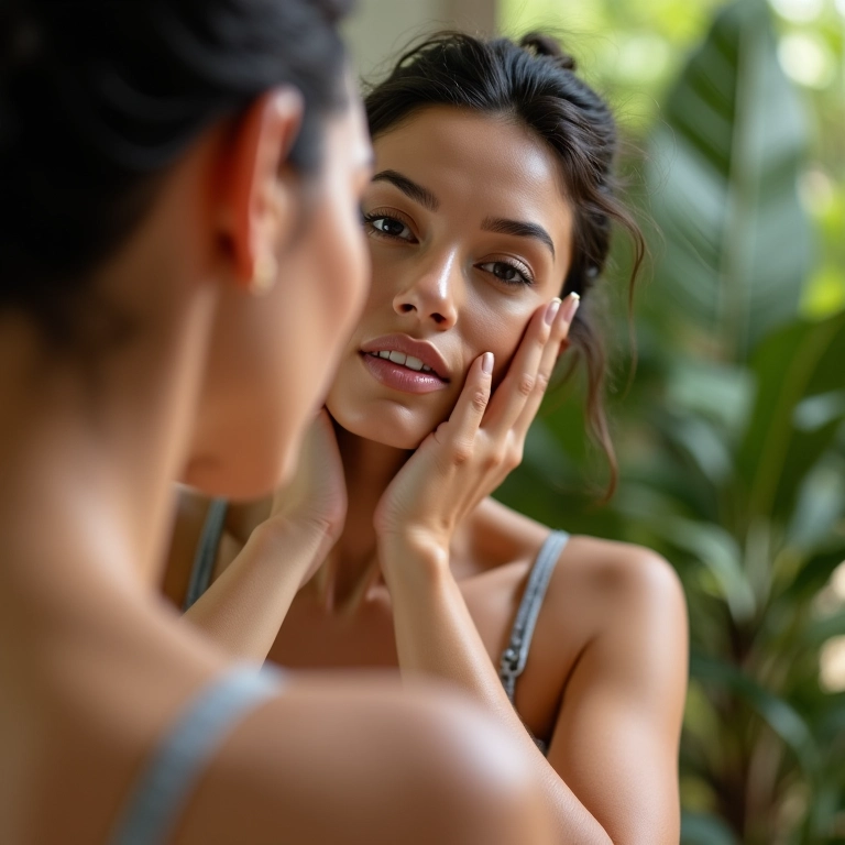 Mulher testando base no rosto sob luz natural em frente ao espelho.