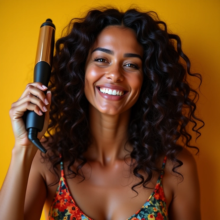 Mulher texturizando cabelo 2B com modelador de cachos.