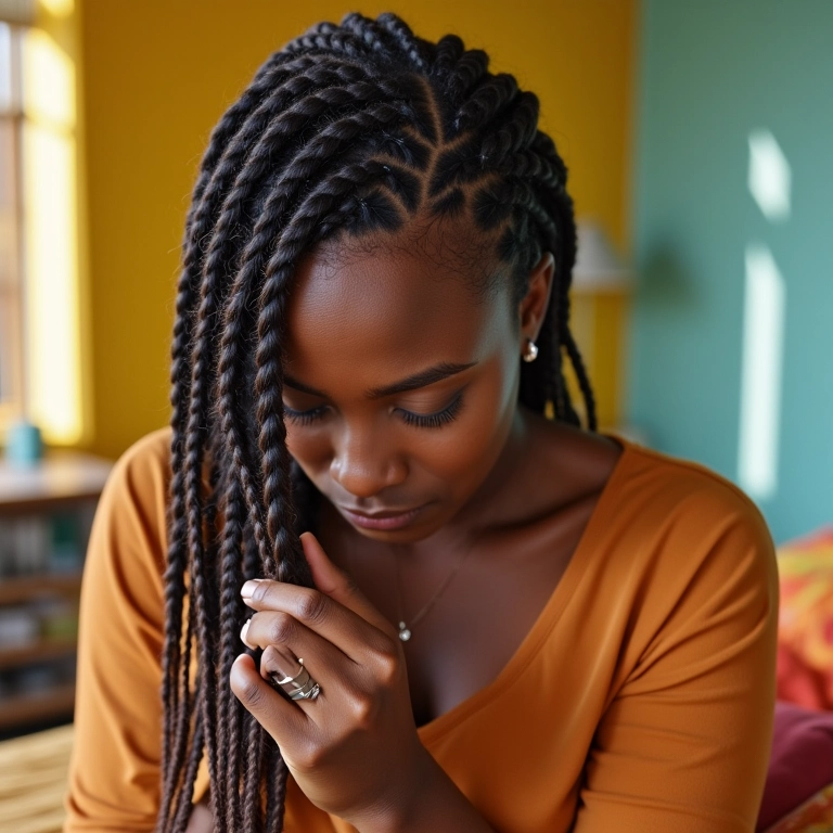 Mulher texturizando o cabelo com tranças em um quarto colorido.