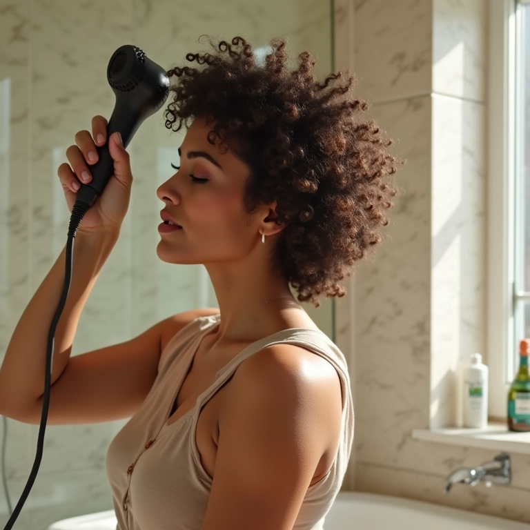 Mulher texturizando seu cabelo curto e cacheado com um difusor.