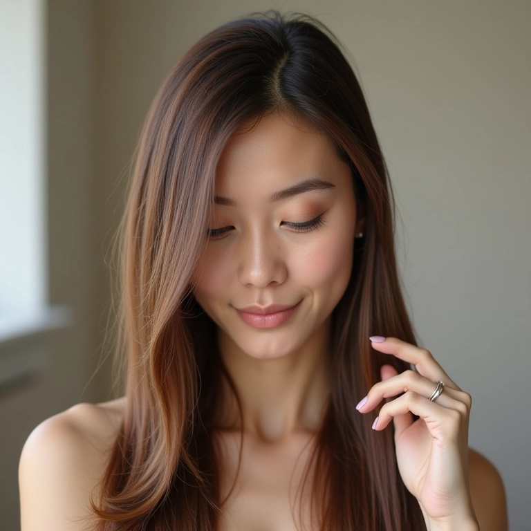 Mulher tocando seus cabelos macios e saudáveis após progressiva sem formol, demonstrando menos danos.