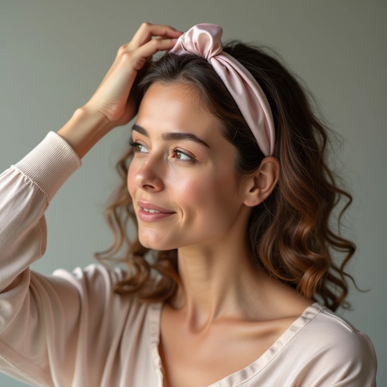 Mulher tocando seus cabelos, mostrando a durabilidade do penteado com a touca.