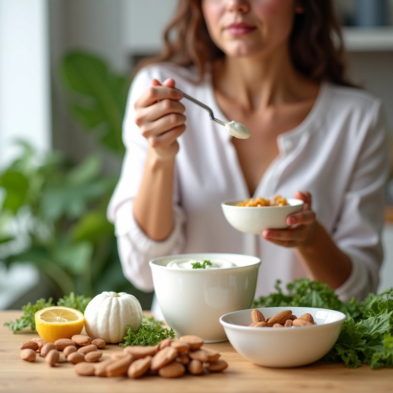 Mulher tomando café da manhã nutritivo, com alimentos ricos em cálcio para fortalecer os ossos.