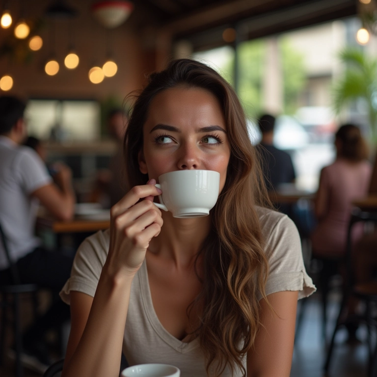Mulher tomando chá calmamente em café movimentado, focada em si mesma e ignorando o caos ao redor.
