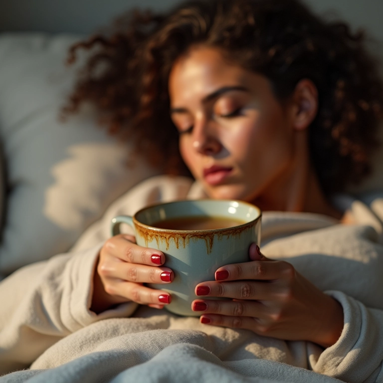 Mulher tomando chá relaxante antes de dormir.