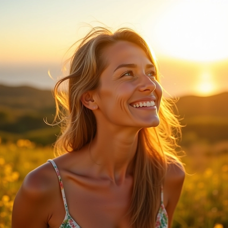 Mulher tomando sol, fonte de vitamina D, essencial para estimular o crescimento de novos fios.