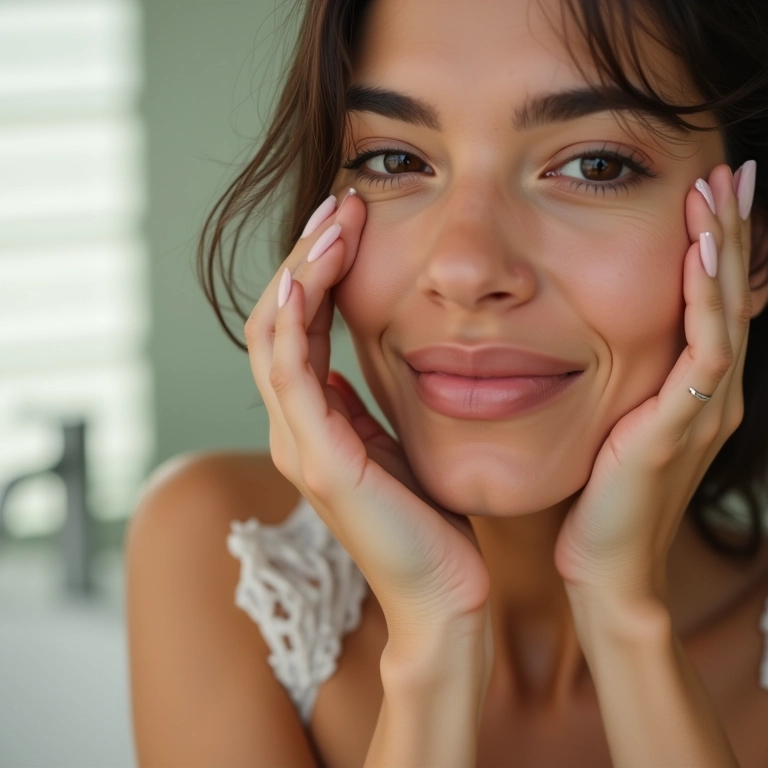 Mulher tonificando a pele do rosto com loção adstringente.