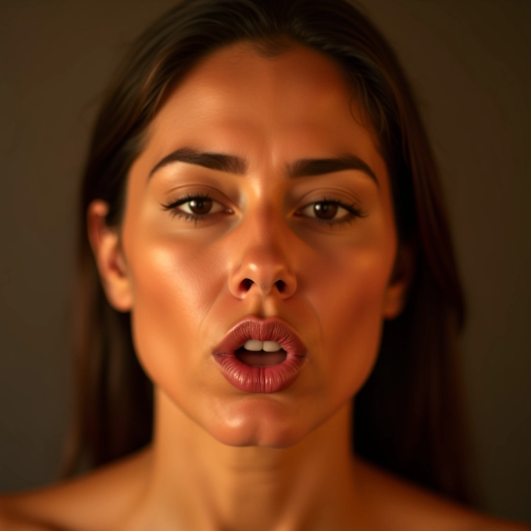Mulher tonificando os lábios com o exercício facial 'Beijo', reduzindo rugas.