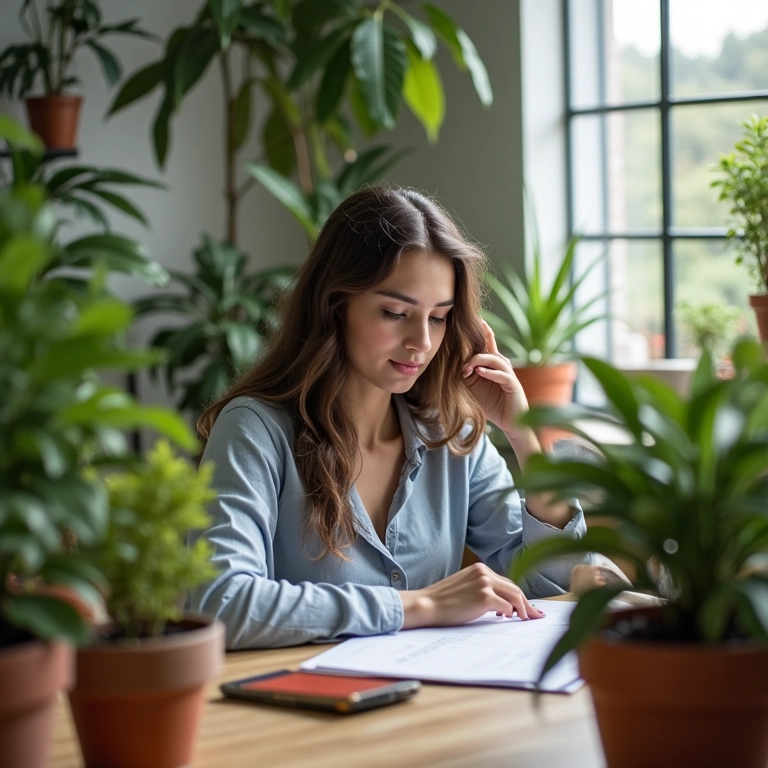 Mulher trabalhando em uma mesa, cercada por plantas, ambiente de trabalho criativo.