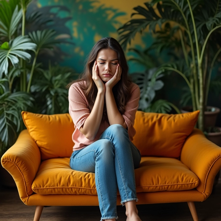 Mulher triste sentada sozinha no sofá após término.