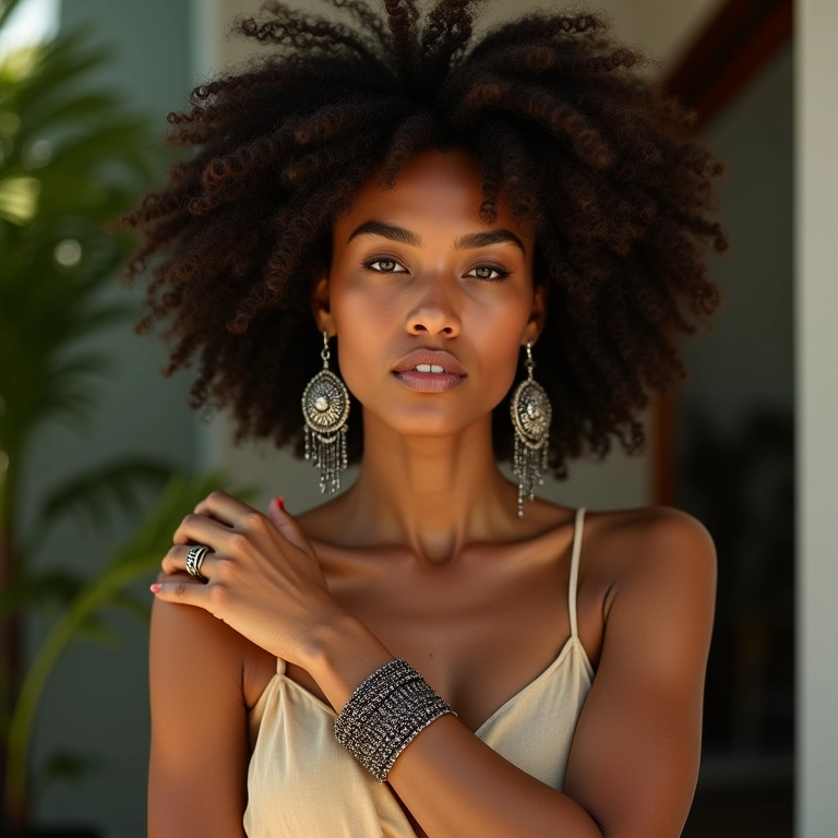 Mulher usando acessórios maxi, brincos e pulseira statement.