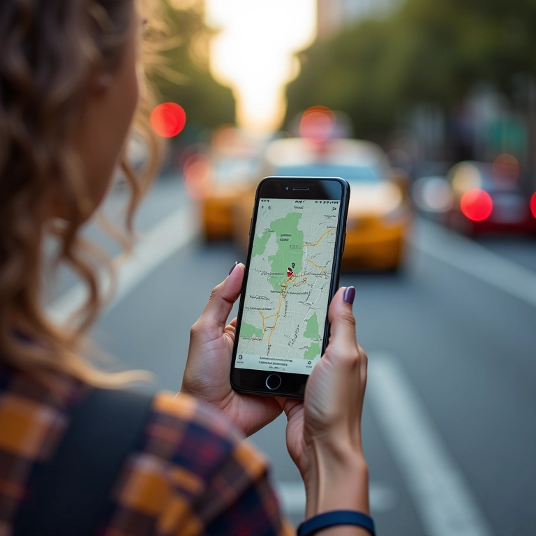 Mulher usando aplicativo de mapa no celular para se locomover em Orlando.