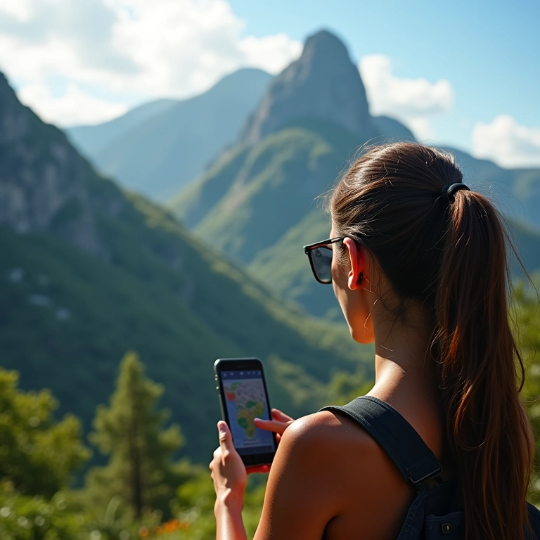 Mulher usando aplicativo de mapas offline em montanhas brasileiras.