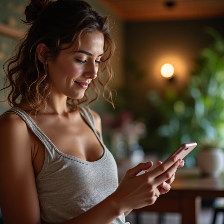 Mulher usando app de hospedagem segura em pousada aconchegante.