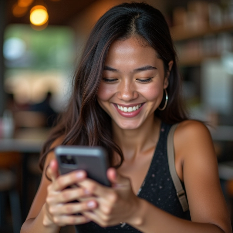 Mulher usando app de idioma tailandês em café.