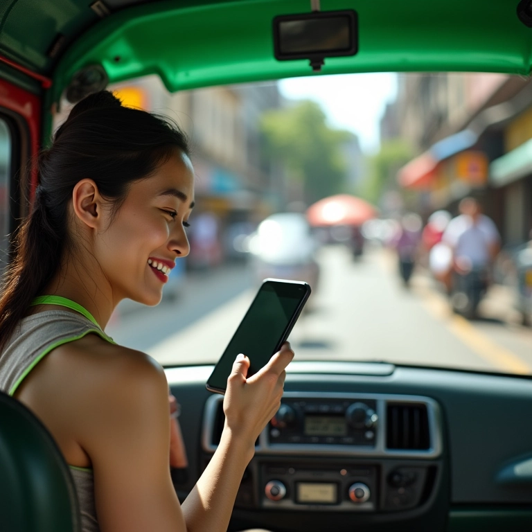 Mulher usando app de transporte em rua movimentada da Tailândia.