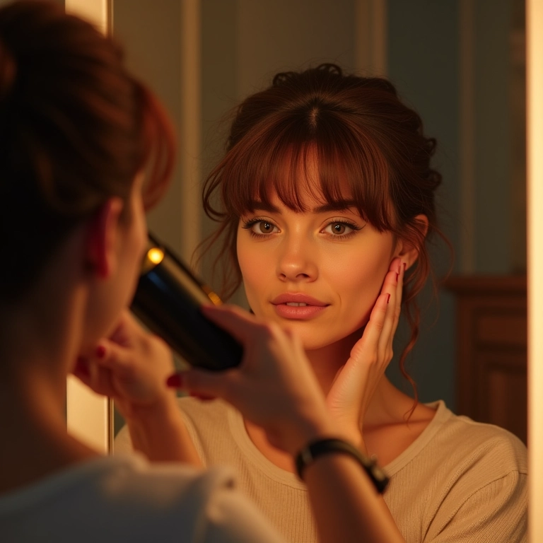 Mulher usando babyliss para modelar a franja cortina em frente ao espelho, com iluminação quente.