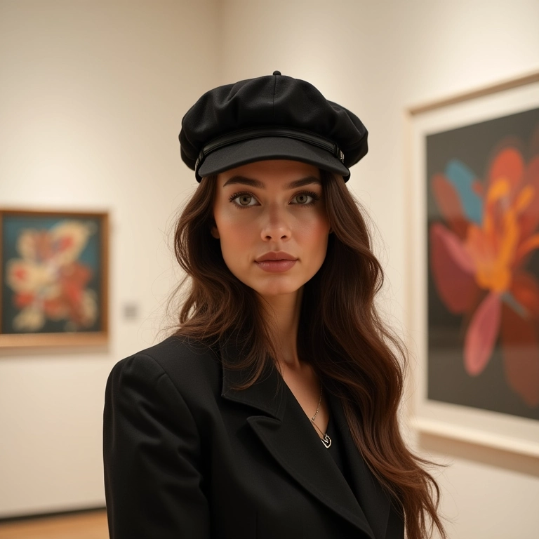 Mulher usando boina e blazer em uma galeria de arte moderna em São Paulo.