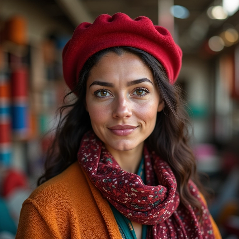 Mulher usando boina e lenço em uma oficina colorida em Minas Gerais.