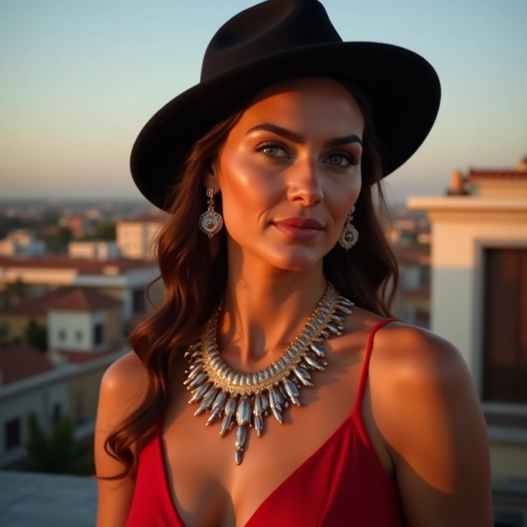 Mulher usando boina e maxi colar em uma festa no terraço em Fortaleza.