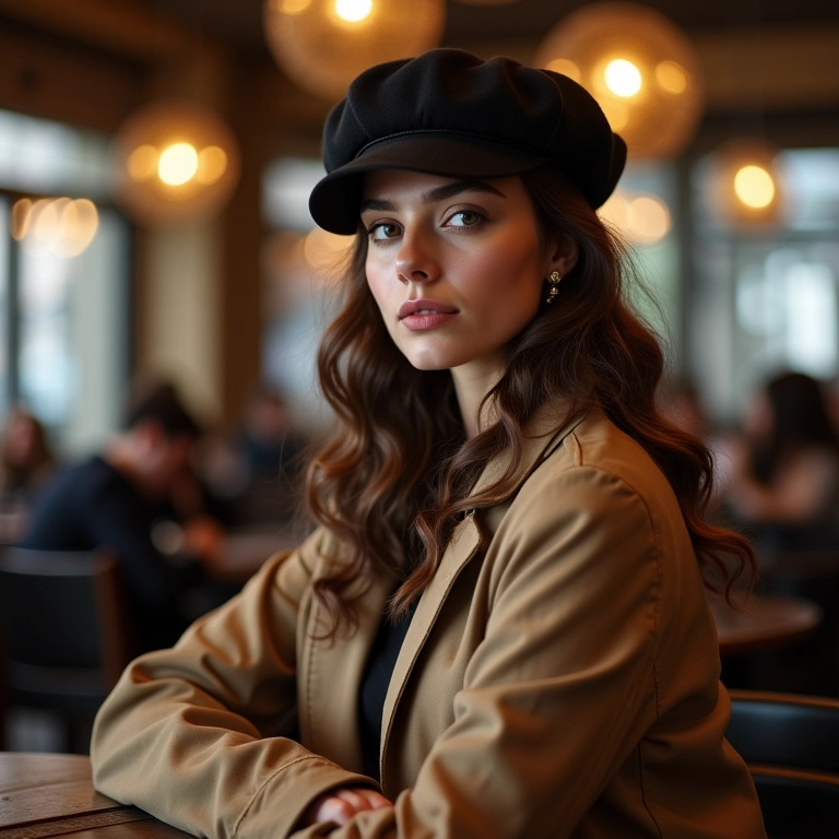 Mulher usando boina e trench coat em um café estilo parisiense em Porto Alegre.