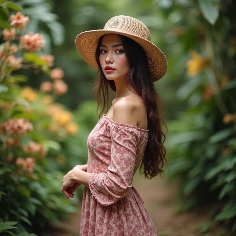 Mulher usando boina e vestido em um jardim exuberante na Bahia.