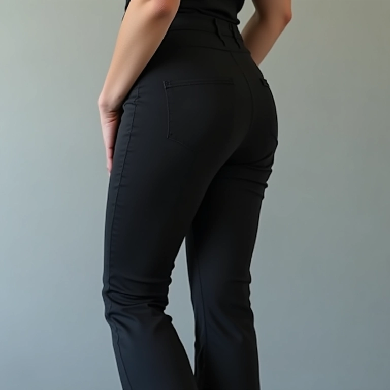 Mulher usando calça clochard escura, destacando o efeito alongador da cor.