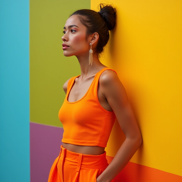 Mulher usando cores complementares em seu look, com parede colorida ao fundo.