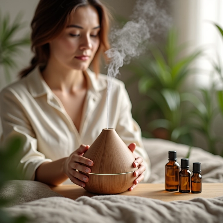 Mulher usando difusor de óleos essenciais de plantas aromáticas.