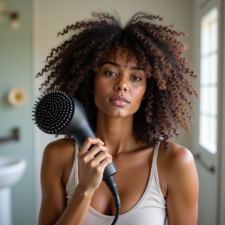 Mulher usando difusor para texturizar e dar mais volume ao cabelo cacheado.