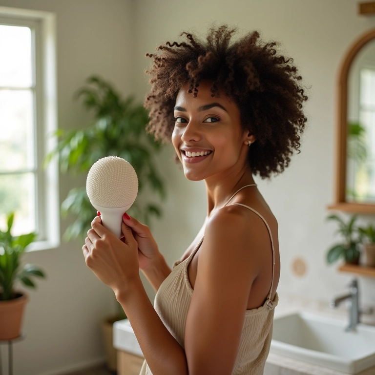 Mulher usando difusor universal em cabelo cacheado curto.