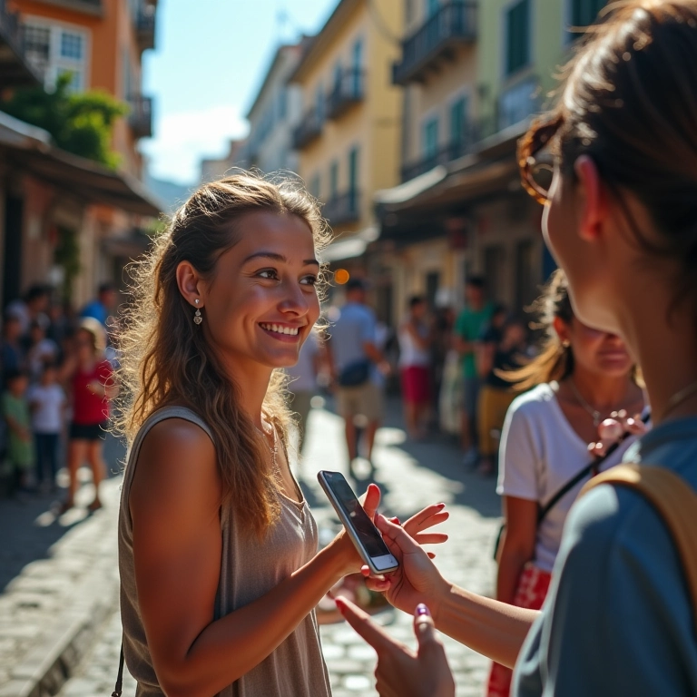 Mulher usando Google Tradutor para se comunicar com vendedor no Rio de Janeiro.