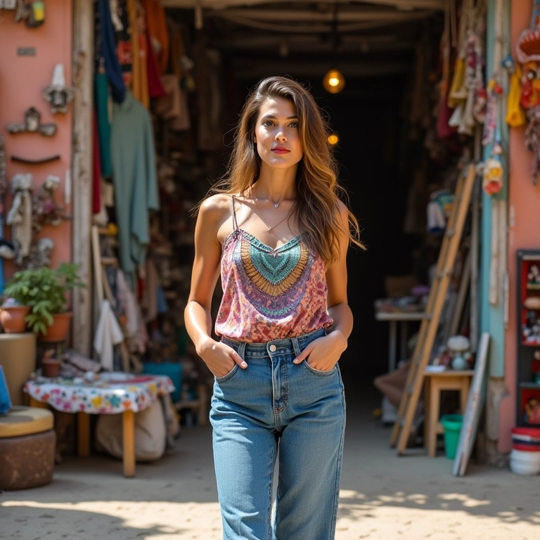 Mulher usando jeans flare e blusa boêmia em frente a loja vintage colorida.