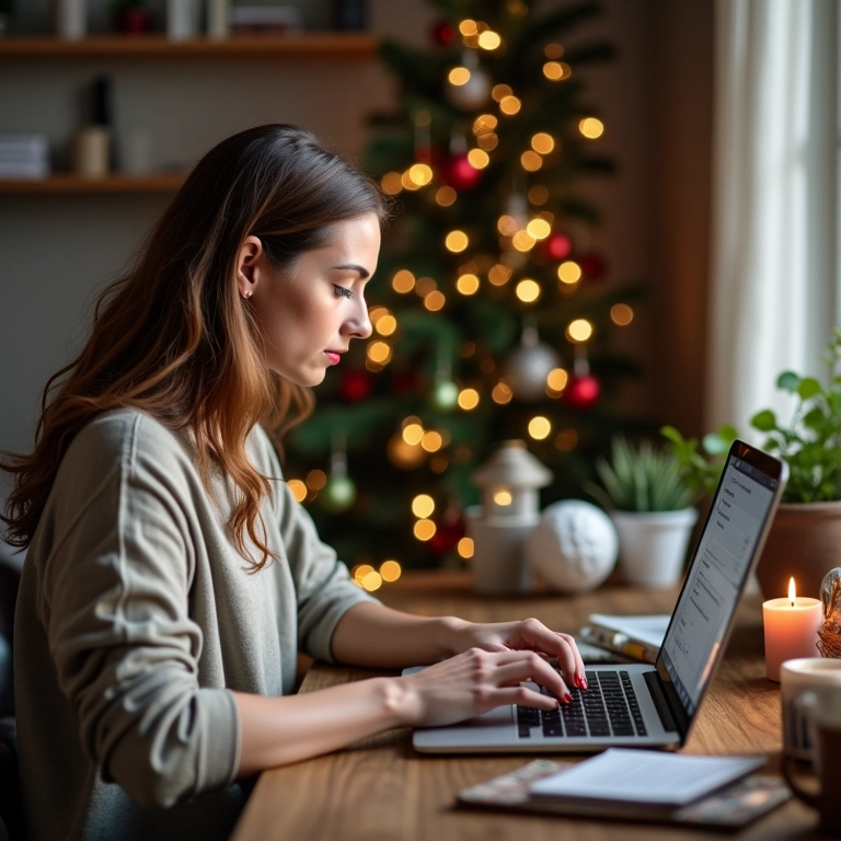 Mulher usando laptop para organizar mensagens e lista de presentes de Natal.