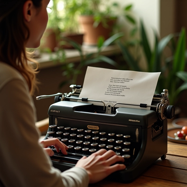 Mulher usando máquina de escrever vintage com tablet mostrando apps de poemas.
