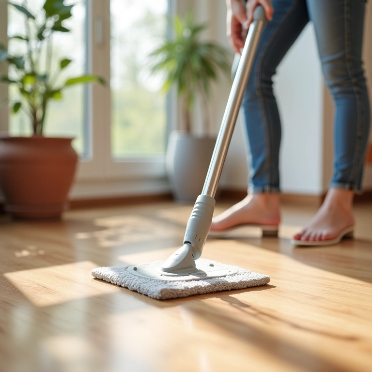 Mulher usando mop giratório para limpar piso laminado.