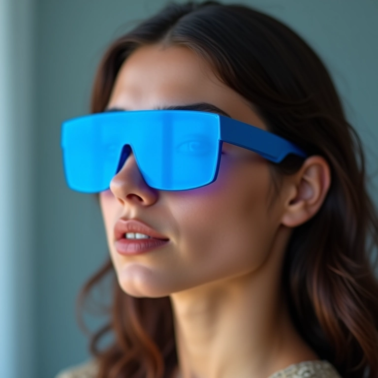 Mulher usando óculos com filtro de luz azul, proteção e conforto.