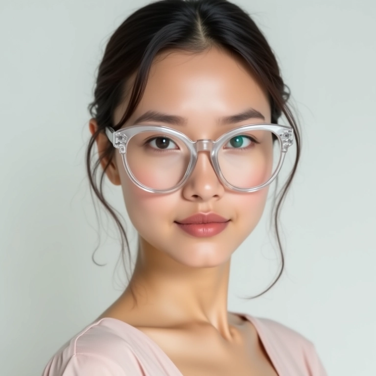 Mulher usando óculos de armação transparente, estilo minimalista.