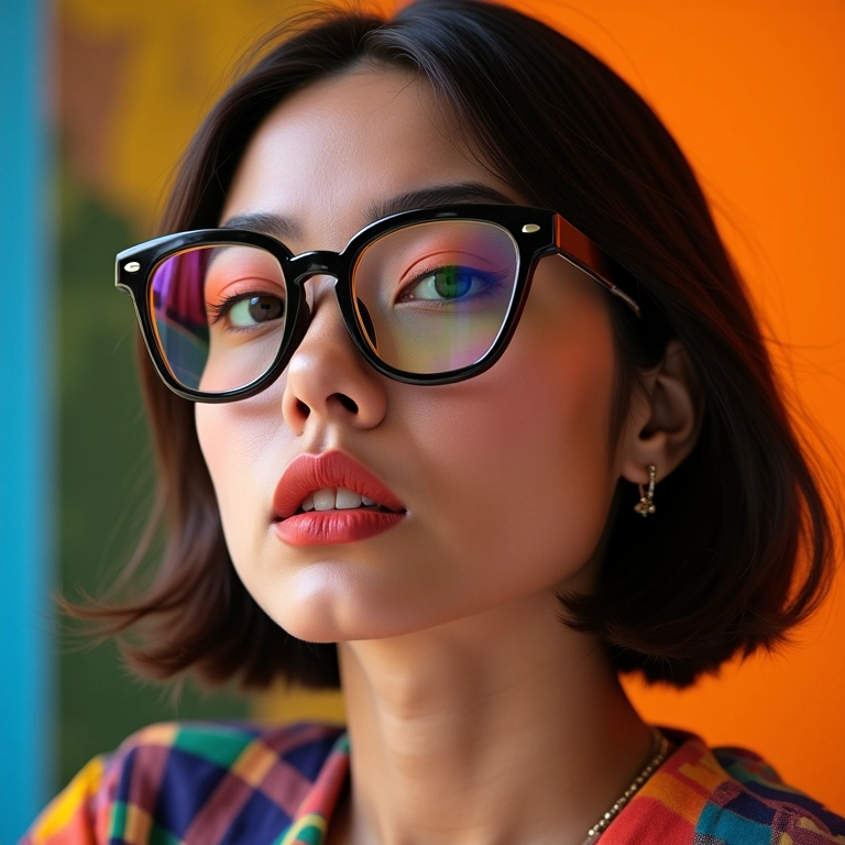 Mulher usando óculos de formato geométrico, visual ousado.